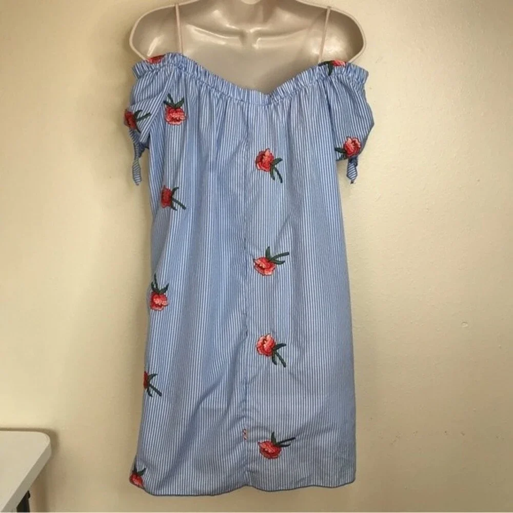 Miley + Molly Off Shoulder Tie Sleeve Blue White Stripe Embroidered Dress Large